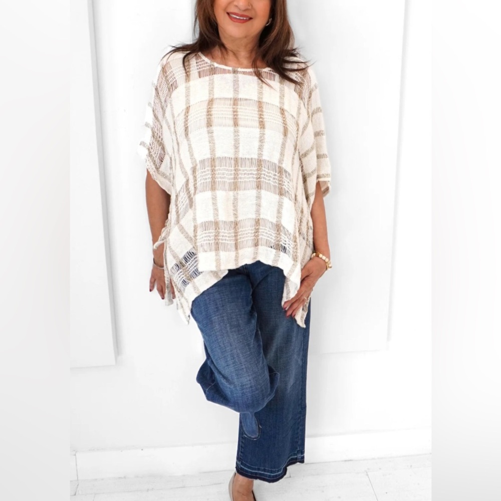 Open weave cream and beige poncho